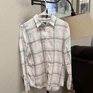 Lands' End Women's Pink and Gray Plaid Button Down Shirt Size 10 A12